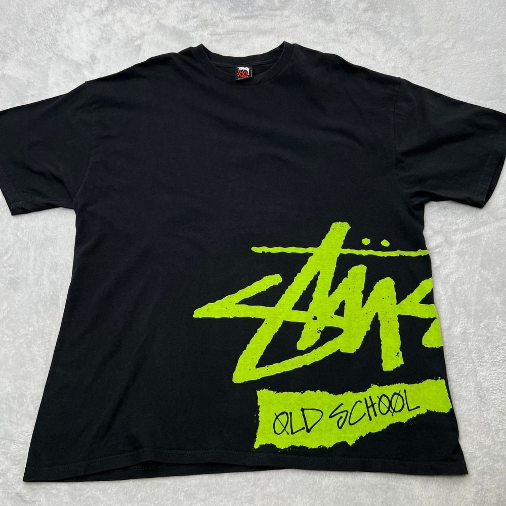 Stussy Old School Graphic T-Shirt Mens XXL Black Neon Green World Tribe Logo